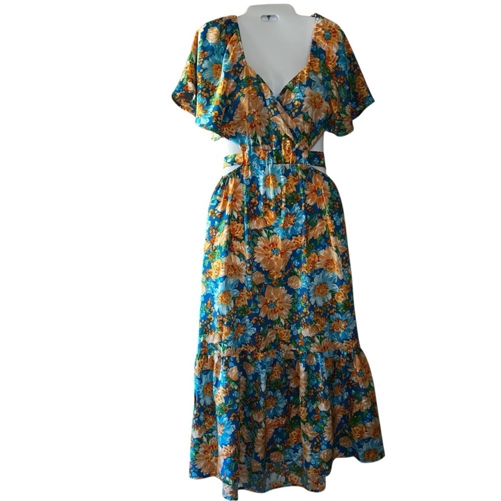 Multi-Color Floral Wrap Front Cutout Back Midi Dress